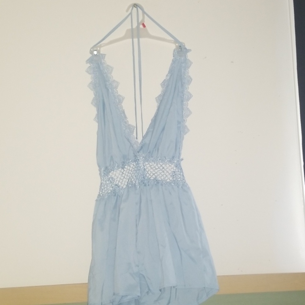 Baby Blue Backless Floral Halter Dress